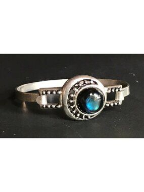 Unique Silver Tone Crescent Moon Bracelet with Domed Labradorite Cabochon